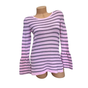 Talbots Women's P Petite Striped Pink Blue Cotton Long Sleeve Crewneck Shirt